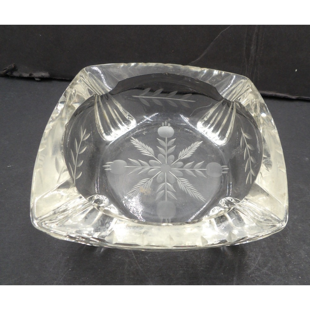 Vintage Cut Glass Floral Design Ashtray